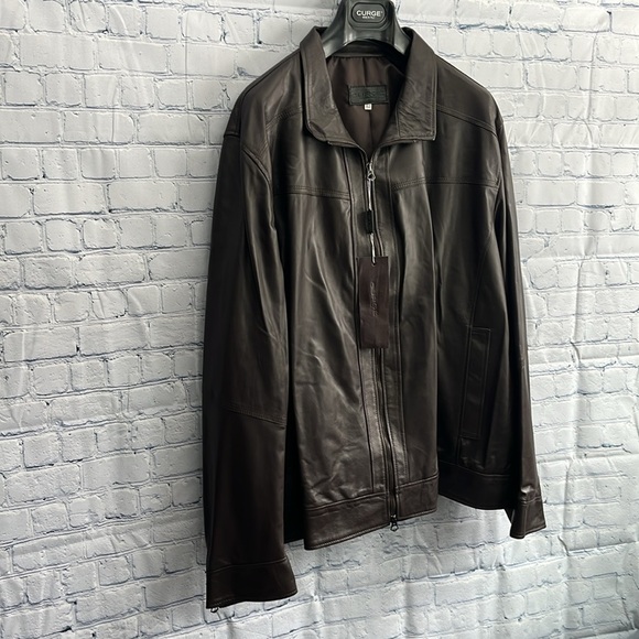 Italian Brown Leather Zip Up Jacket made‎ by CURGÈ Mens size 2XL NWT #7 - Picture 2 of 10